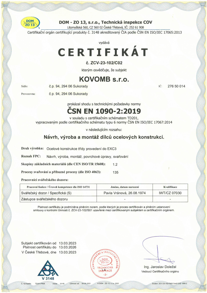 Certifikace - Návrh, výroba a montáž dílců ocelových konstrukcí - KOVOMB