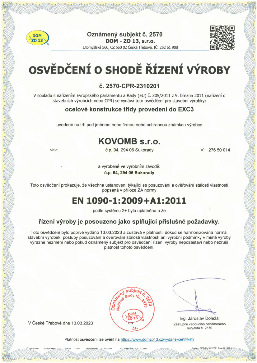 Certifikace - Ocelové konstrukce třídy provedení do EXC3 - KOVOMB