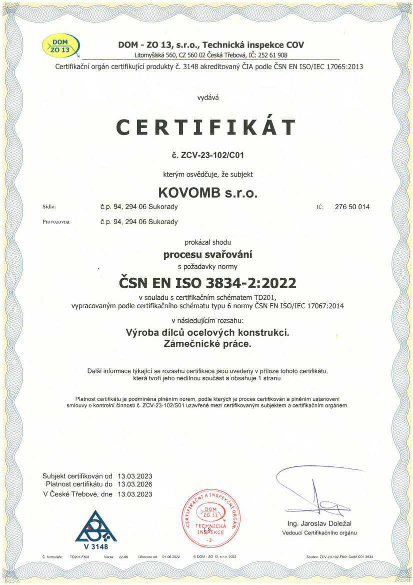 Certifikace - Výroba dílců ocelových konstrukcí, Zámečnické práce - KOVOMB